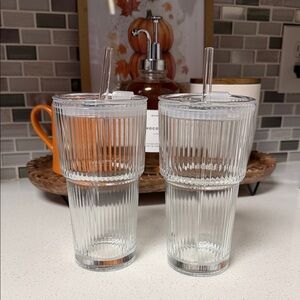 Clear Ribbed Glass Tumblers with Straws
